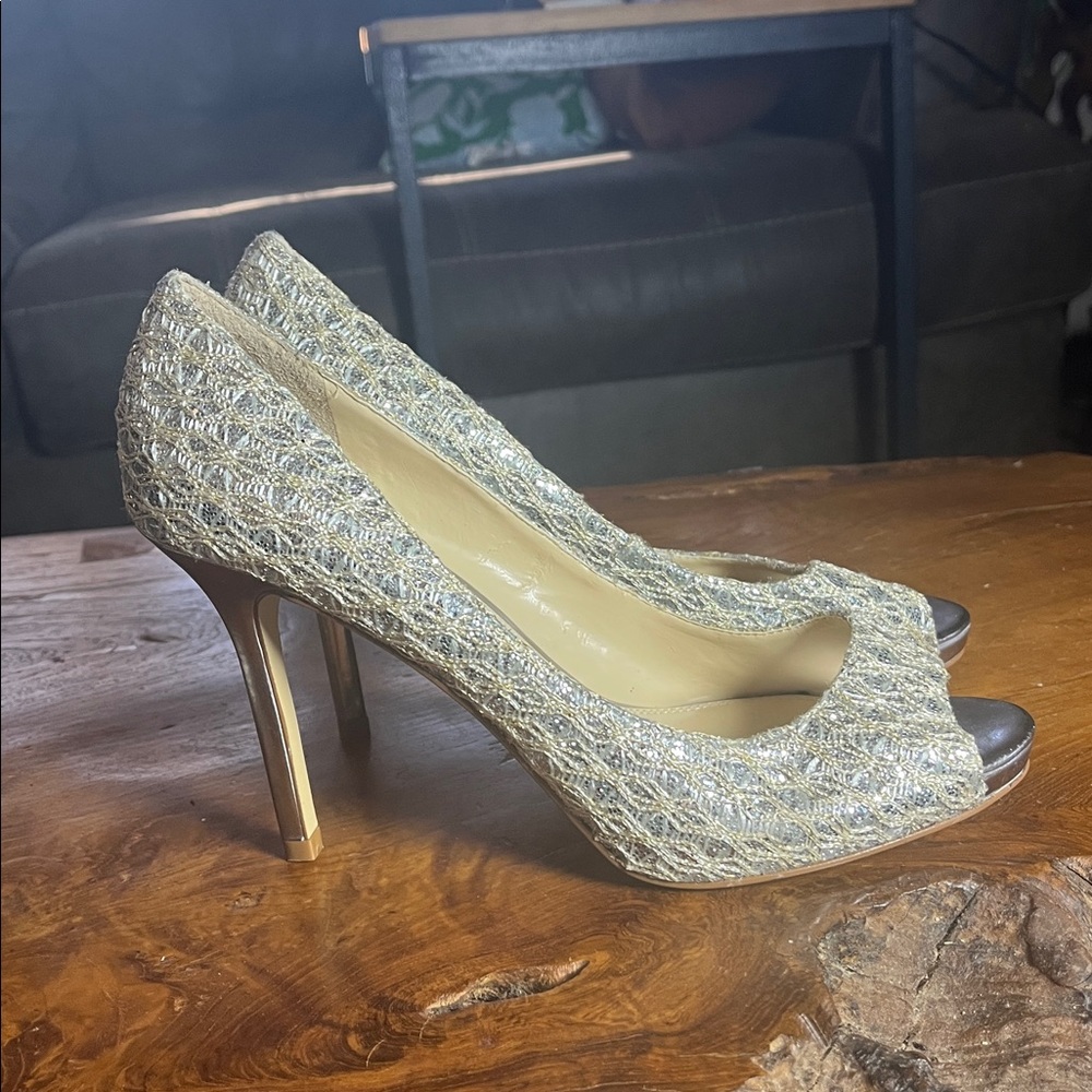 Enzo Angiolini Woman's Silver Sparkle Spider Weave Peep Toe Heel Size 8